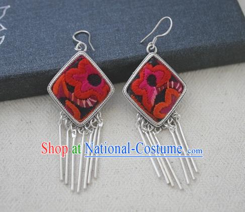 Chinese Traditional Miao Sliver Earrings Hmong Ornaments Accessories Minority Embroidered Red Flower Eardrop for Women