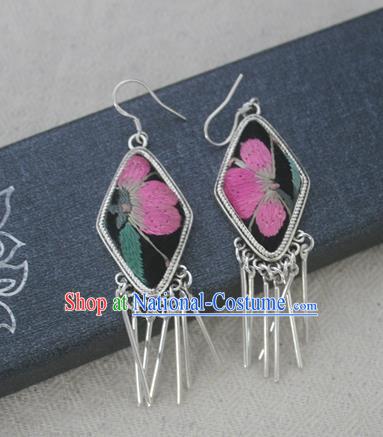 Chinese Traditional Miao Sliver Embroidered Earrings Hmong Ornaments Accessories Minority Eardrop for Women