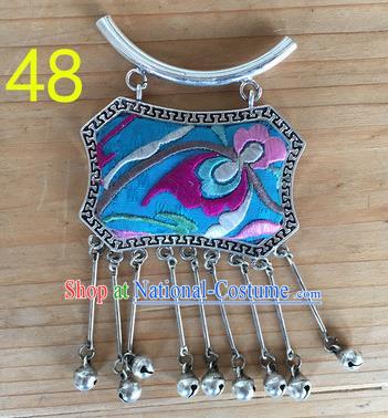 Chinese Traditional Miao Sliver Ornaments Accessories Longevity Lock Embroidered Blue Necklace Pendant for Women