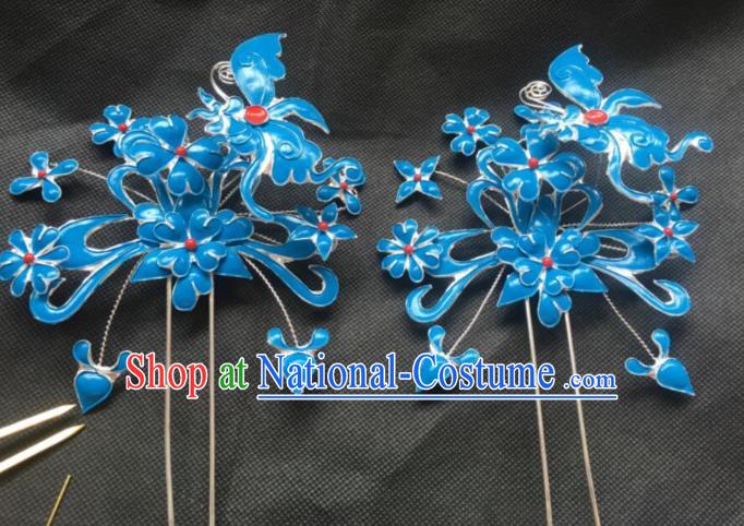 Traditional Chinese Miao Nationality Hanfu Blue Butterfly Flower Hairpins Hair Accessories for Women