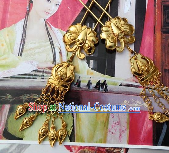 Traditional Chinese Miao Nationality Golden Butterfly Tassel Hairpins Hair Accessories for Women