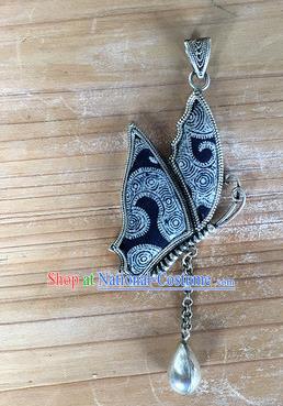 Chinese Traditional Miao Sliver Embroidered Hmong Ornaments Accessories Minority Navy Butterfly Necklace Pendant for Women