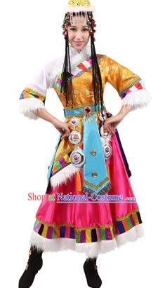 Traditional Chinese Zang Nationality Dance Yellow Costume, Tibetan Minority Folk Dance Ethnic Clothing for Women