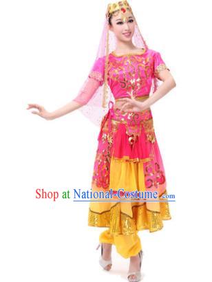 Traditional Chinese Xinjiang Uyghur Nationality Rosy Dress, Uigurian Minority Folk Dance Ethnic Costume for Women