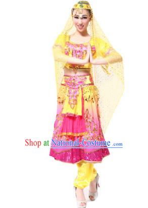 Traditional Chinese Xinjiang Uyghur Nationality Pink Dress, Uigurian Minority Folk Dance Ethnic Costume for Women