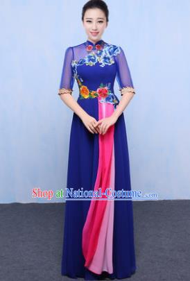 Chinese Traditional Chorus Singing Group Embroidered Costume, Compere Classical Dance Blue Dress for Women