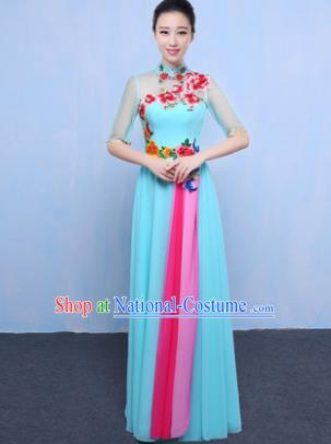 Chinese Traditional Chorus Singing Group Embroidered Costume, Compere Classical Dance Light Blue Dress for Women