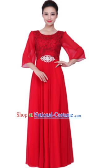 Top Grade Chorus Singing Group Red Lace Full Dress, Compere Stage Performance Modern Dance Costume for Women