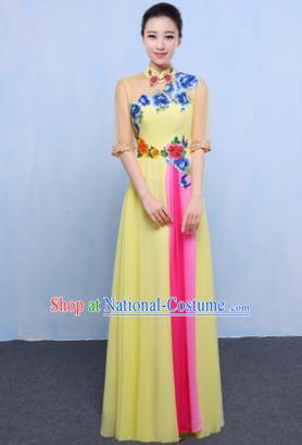 Chinese Traditional Chorus Singing Group Embroidered Costume, Compere Classical Dance Yellow Dress for Women