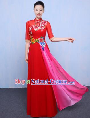 Chinese Traditional Chorus Singing Group Embroidered Costume, Compere Classical Dance Red Dress for Women