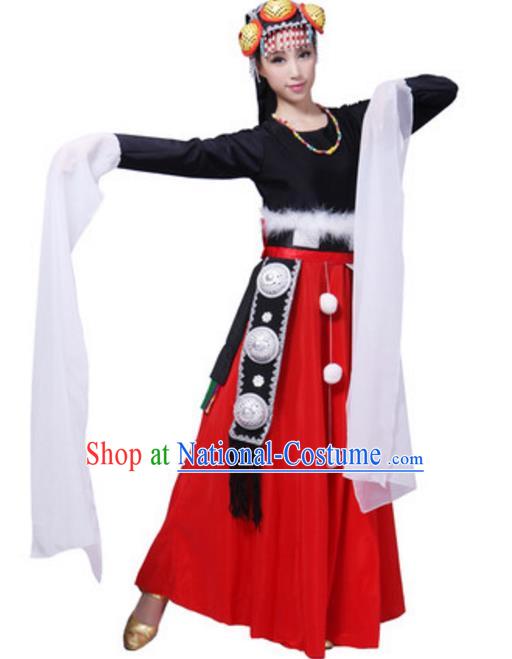 Traditional Chinese Tibetan Ethnic Dance Dress, China Zang Minority Folk Dance Costume and Headwear for Women