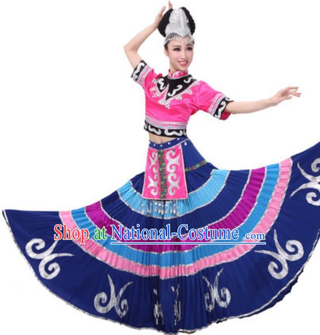Traditional Chinese Yi Ethnic Dance Dress, China Yi Minority Folk Dance Costume and Headwear for Women