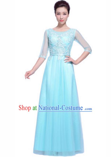 Top Grade Chorus Singing Group Beading Embroidery Blue Full Dress, Compere Stage Performance Modern Dance Costume for Women