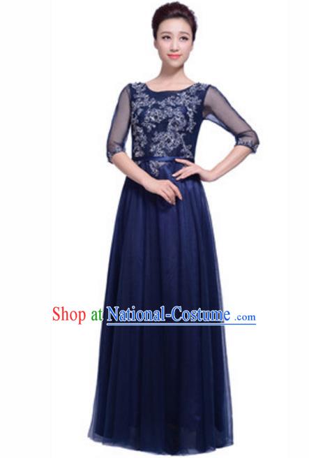 Top Grade Chorus Singing Group Beading Embroidery Navy Full Dress, Compere Stage Performance Modern Dance Costume for Women