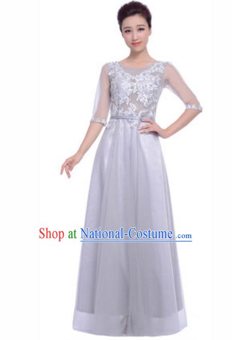 Top Grade Chorus Singing Group Beading Embroidery Grey Full Dress, Compere Stage Performance Modern Dance Costume for Women