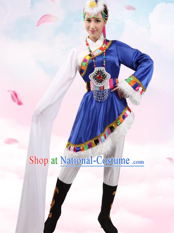 Traditional Chinese Zang Ethnic Dance Blue Dress, China Tibetan Minority Folk Dance Costume and Headwear for Women