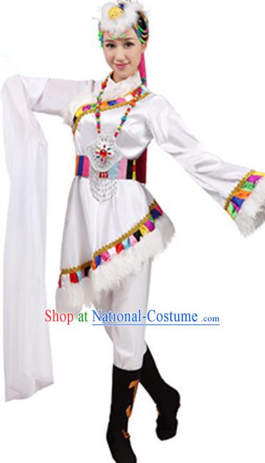 Traditional Chinese Zang Ethnic Dance White Dress, China Tibetan Minority Folk Dance Costume and Headwear for Women