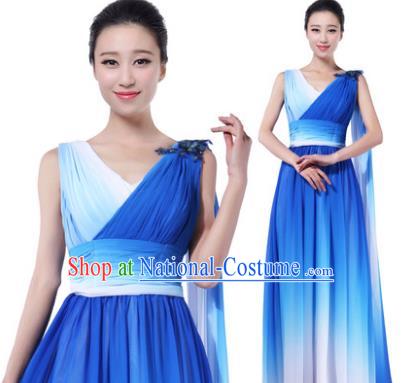 Traditional Chorus Singing Group Modern Dance Costume, Compere Classical Dance Blue Dress for Women