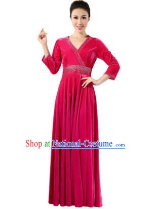 Traditional Chorus Singing Group Modern Dance Costume, Compere Classical Dance Rosy Velvet Dress for Women