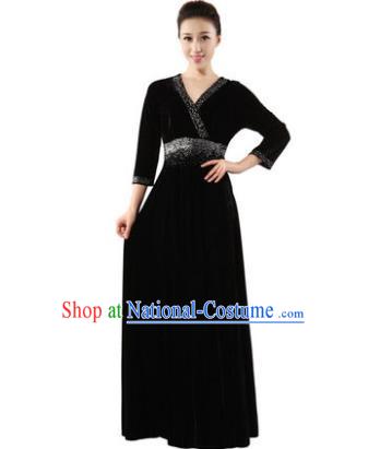 Traditional Chorus Singing Group Modern Dance Costume, Compere Classical Dance Black Velvet Dress for Women