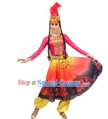 Traditional Chinese Uyghur Nationality Pink Dress, Xinjiang Uigurian Minority Folk Dance Ethnic Costume for Women