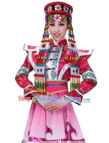 Traditional Chinese Mongol Nationality Pink Dress, Mongolian Minority Folk Dance Ethnic Costume for Women