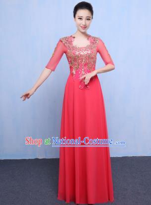 Top Grade Chorus Singing Group Modern Dance Embroidered Pink Dress, Compere Classical Dance Costume for Women