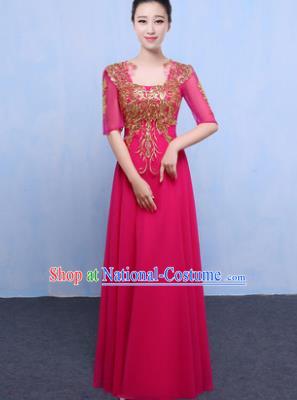 Top Grade Chorus Singing Group Modern Dance Embroidered Rosy Dress, Compere Classical Dance Costume for Women