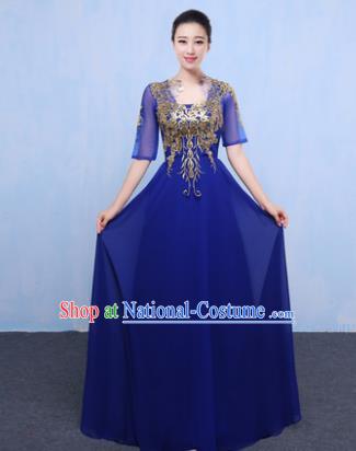 Top Grade Chorus Singing Group Modern Dance Embroidered Royalblue Dress, Compere Classical Dance Costume for Women