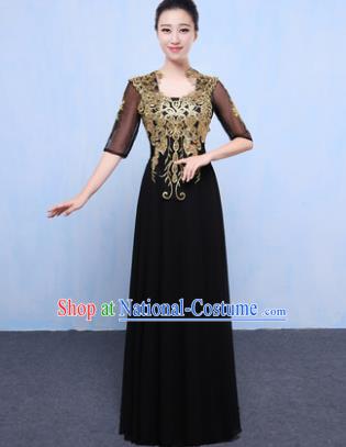 Top Grade Chorus Singing Group Modern Dance Embroidered Black Dress, Compere Classical Dance Costume for Women