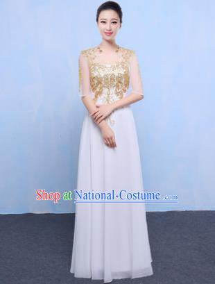 Top Grade Chorus Singing Group Modern Dance Embroidered White Dress, Compere Classical Dance Costume for Women