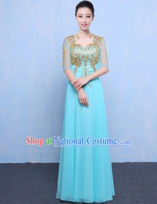 Top Grade Chorus Singing Group Modern Dance Embroidered Blue Dress, Compere Classical Dance Costume for Women