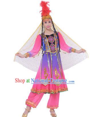 Traditional Chinese Uyghur Nationality Pink Dress, Uigurian Minority Folk Dance Ethnic Costume and Hat for Women