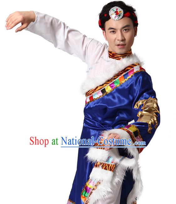 Traditional Chinese Zang Nationality Clothing, Tibetan Minority Folk Dance Ethnic Costume and Headpiece for Men