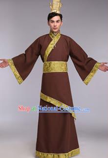 Traditional Chinese Ancient Scholar Costume Han Dynasty Minister Hanfu Brown Curving-front Robe for Men