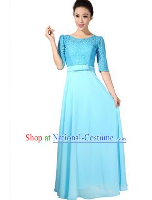 Professional Chorus Singing Group Stage Performance Costume, Compere Modern Dance Blue Lace Dress for Women