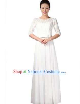 Professional Chorus Singing Group Stage Performance Costume, Compere Modern Dance White Lace Dress for Women