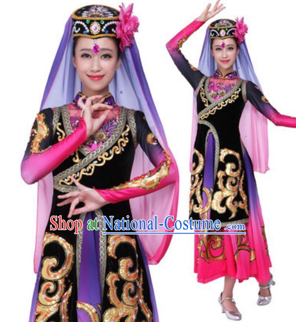 Traditional Chinese Uyghur Nationality Black Dress, Uigurian Minority Folk Dance Ethnic Costume and Hat for Women