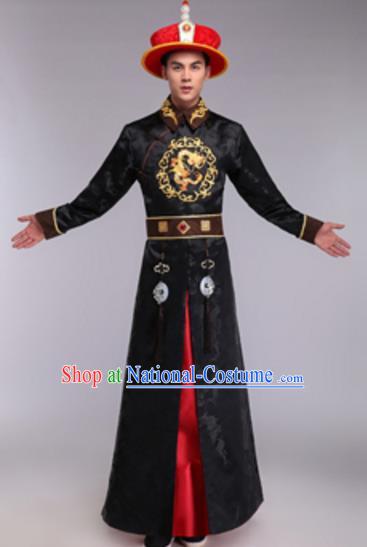 Traditional Chinese Ancient Manchu Prince Costume Qing Dynasty Infante Embroidered Black Robe and Hat for Men