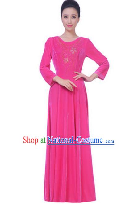 Top Grade Chorus Singing Group Pink Velvet Dress, Compere Classical Dance Costume for Women