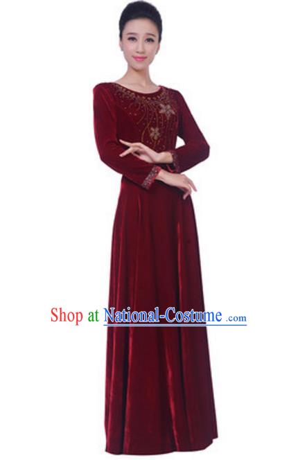 Top Grade Chorus Singing Group Wine Red Velvet Dress, Compere Classical Dance Costume for Women