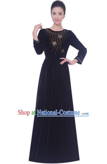 Top Grade Chorus Singing Group Black Velvet Dress, Compere Classical Dance Costume for Women