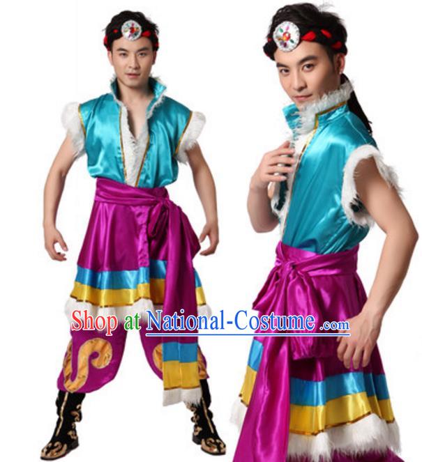 Traditional Chinese Zang Nationality Blue Clothing, Tibetan Minority Folk Dance Ethnic Costume for Men