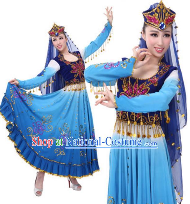 Traditional Chinese Uigurian Nationality Blue Clothing, Uyghur Minority Folk Dance Ethnic Costume and Hat for Women