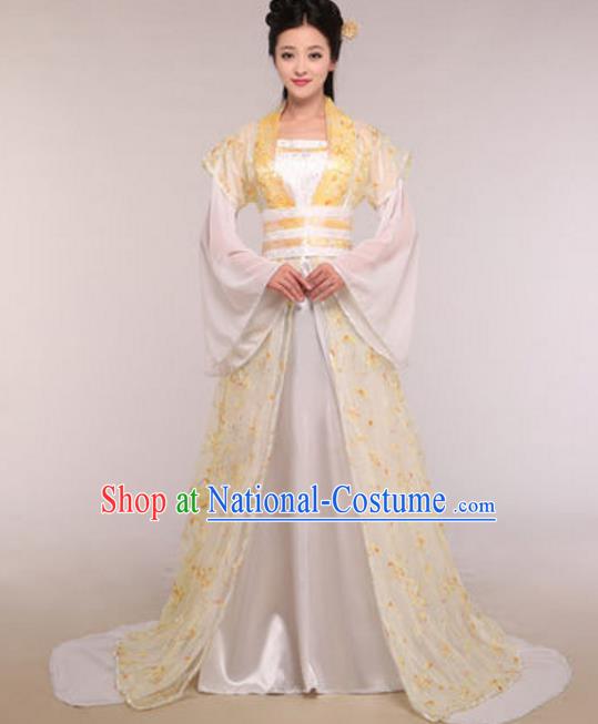 Traditional Chinese Ancient Palace Lady Costume Tang Dynasty Princess Embroidered Yellow Hanfu Dress for Women