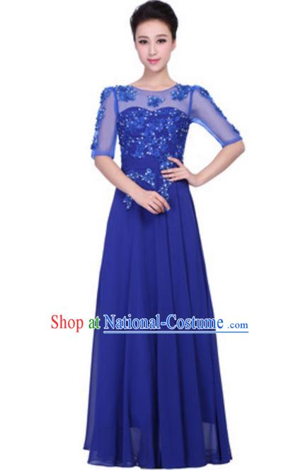 Top Grade Chorus Singing Group Embroidered Lace Full Dress, Compere Classical Dance Royalblue Costume for Women