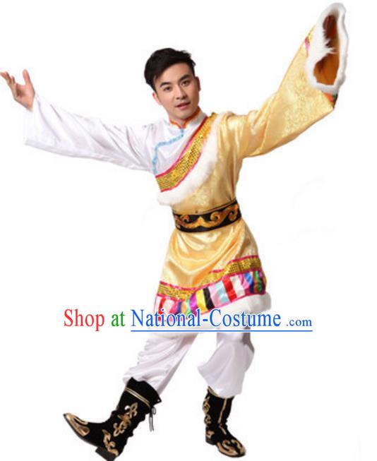 Traditional Chinese Zang Nationality Dance Clothing, Tibetan Minority Folk Dance Ethnic Costume for Men