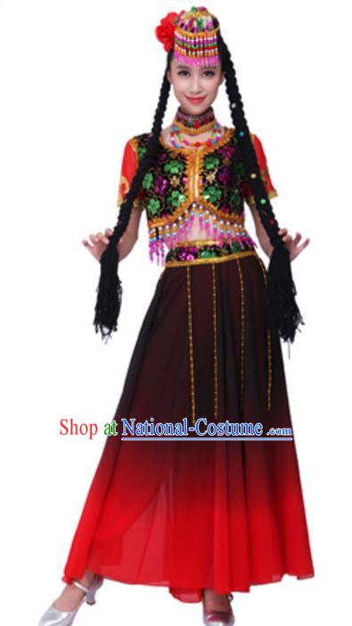 Traditional Chinese Ethnic Dance Clothing, Uigurian Minority Folk Dance Costume and Headwear for Women