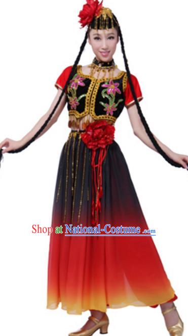 Traditional Chinese Uyghur Ethnic Dance Clothing, Uigurian Minority Folk Dance Costume and Headwear for Women