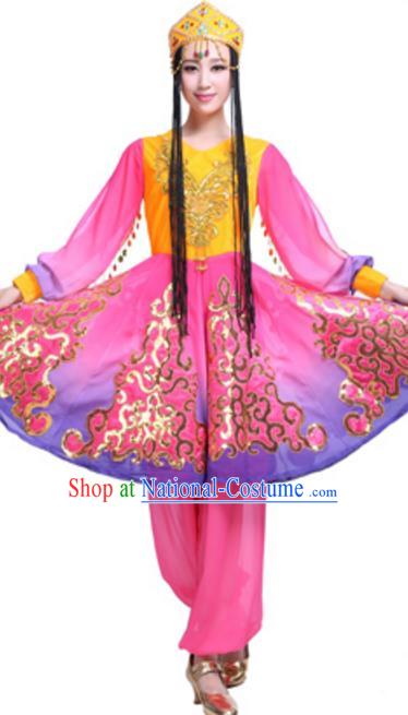 Traditional Chinese Uyghur Ethnic Dance Dress, Uigurian Minority Folk Dance Costume and Headwear for Women